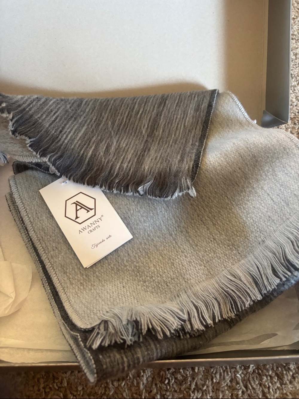 Reversible Gray Wool Scarf with Fringe